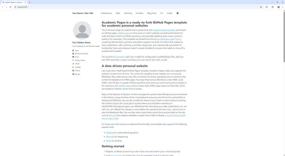 Example of Academic Pages homepage