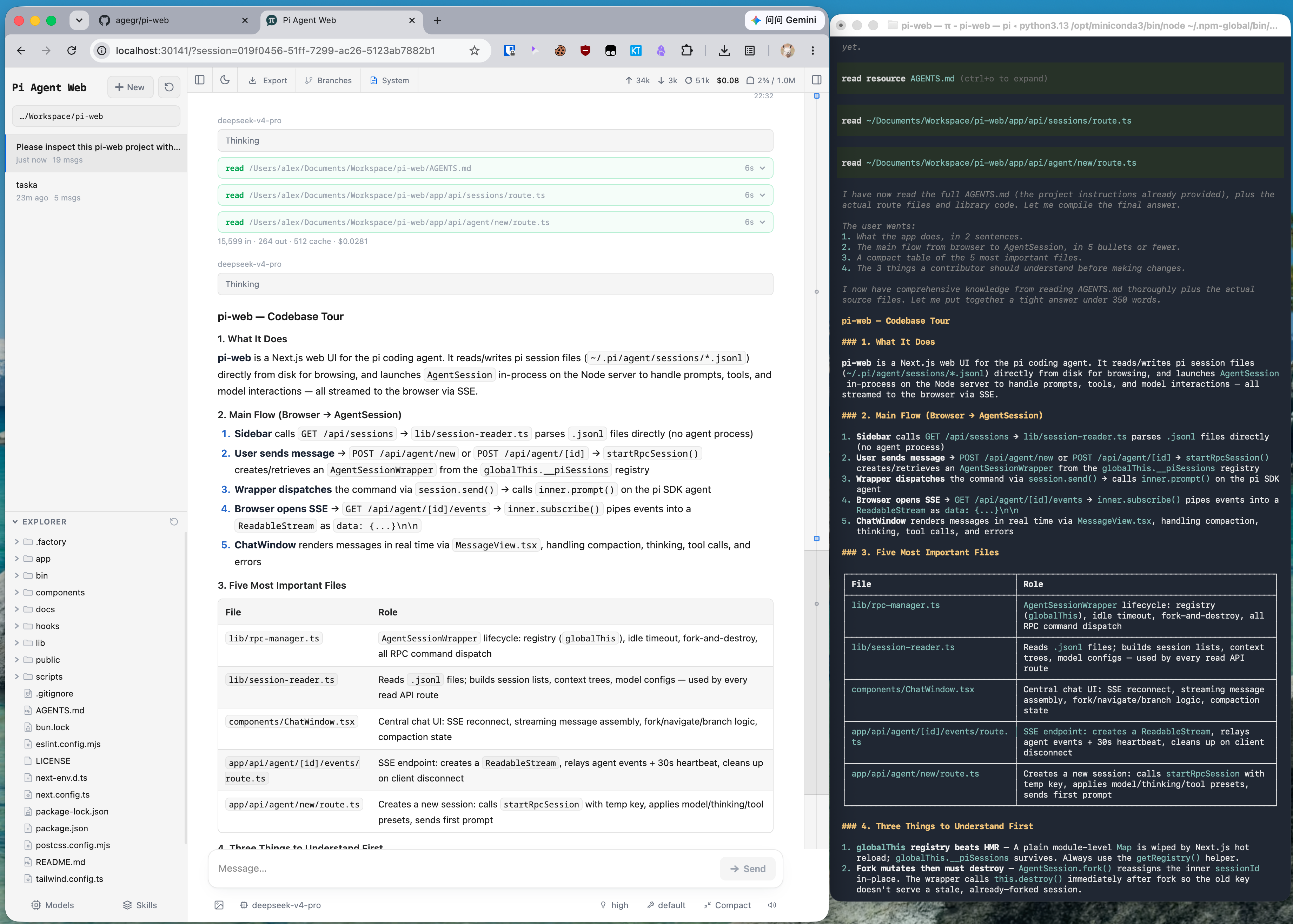 Interfaccia Pi Web accanto al terminale