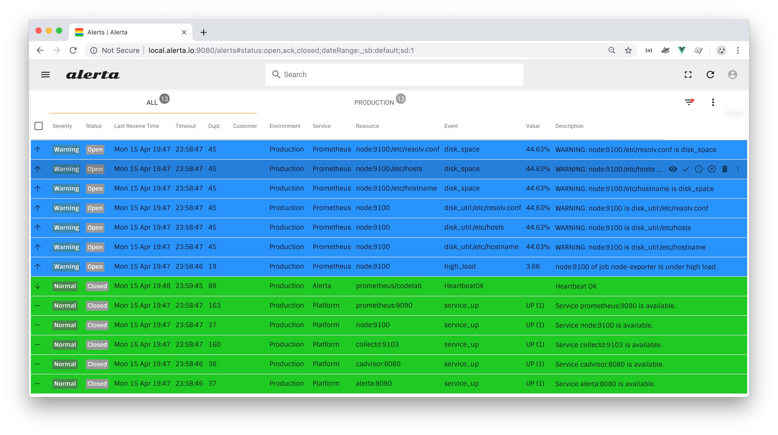 Interface web Alerta