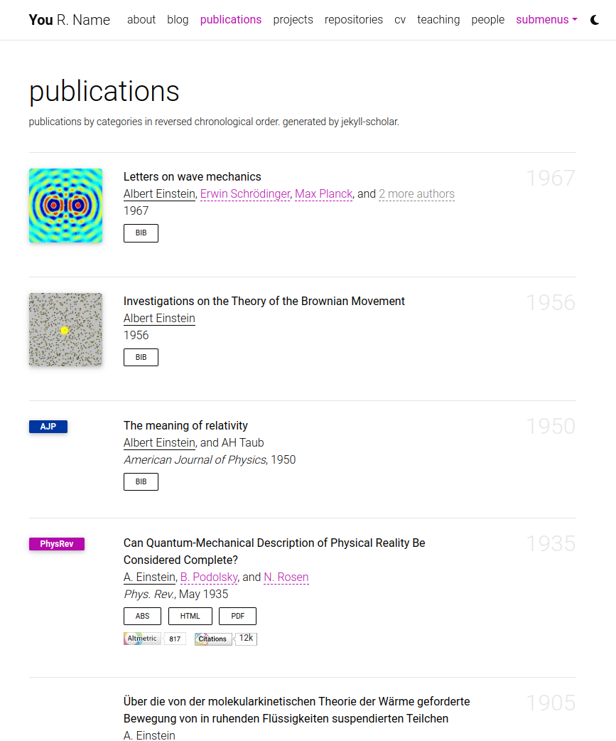 Esempio di pagina delle pubblicazioni