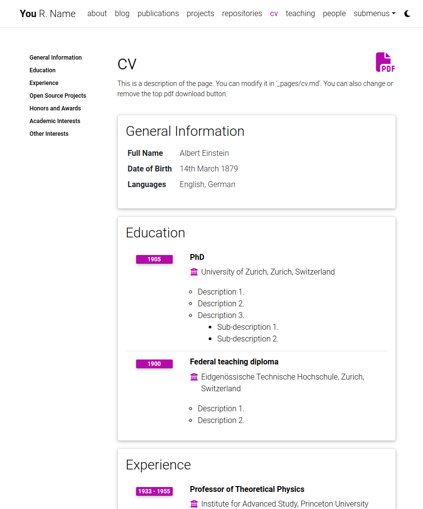 Esempio di pagina CV