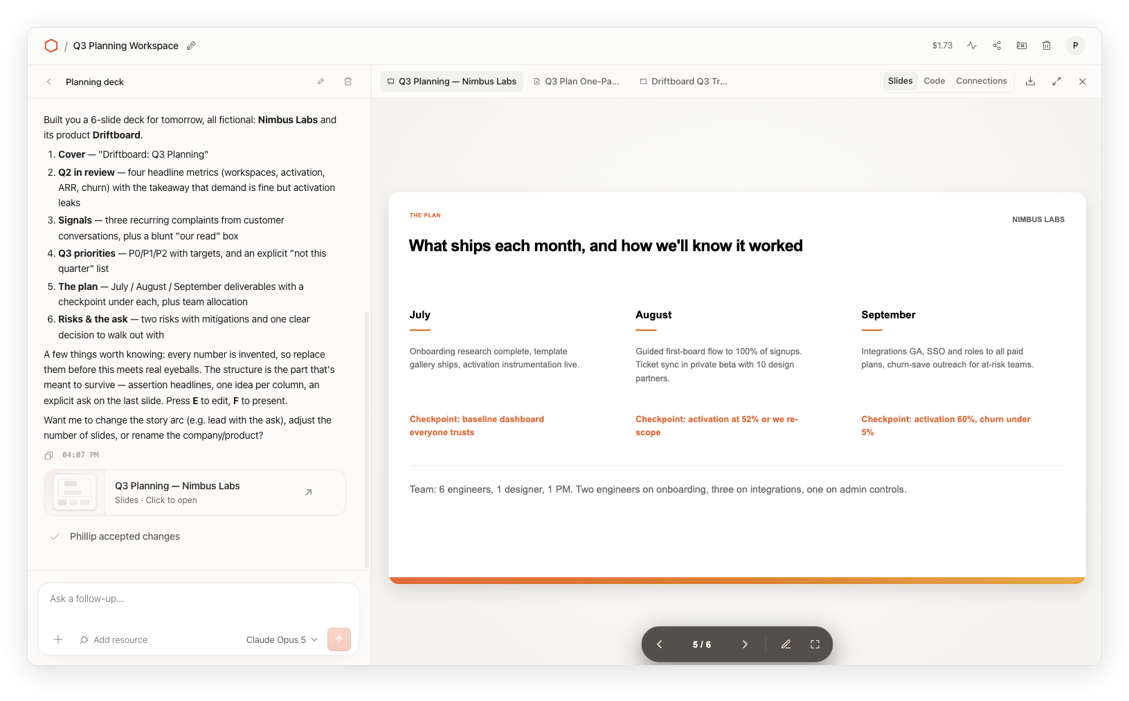 Przestrzeń robocza do planowania Q3 w Cloudflare OS z pokazem slajdów wygenerowanym przez AI