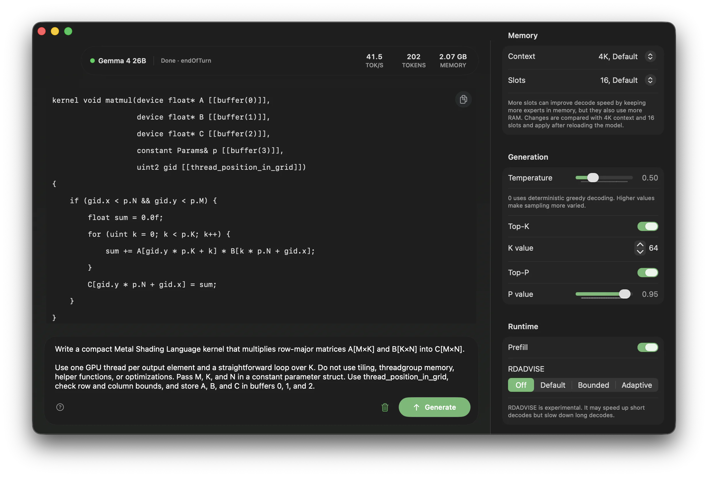 TurboFieldfare Mac app generating text with Gemma 4 26B-A4B