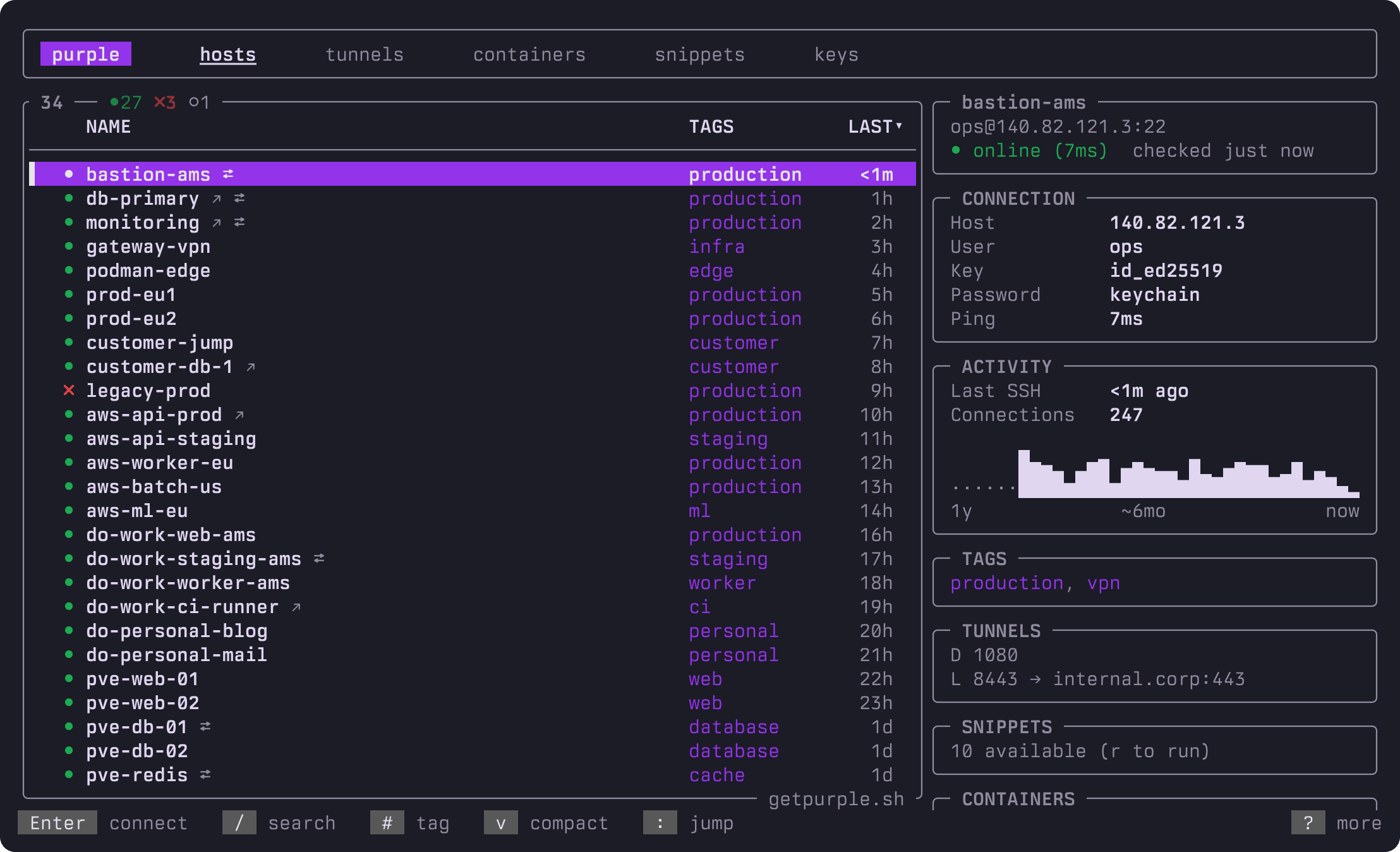 purple host list with detail panel