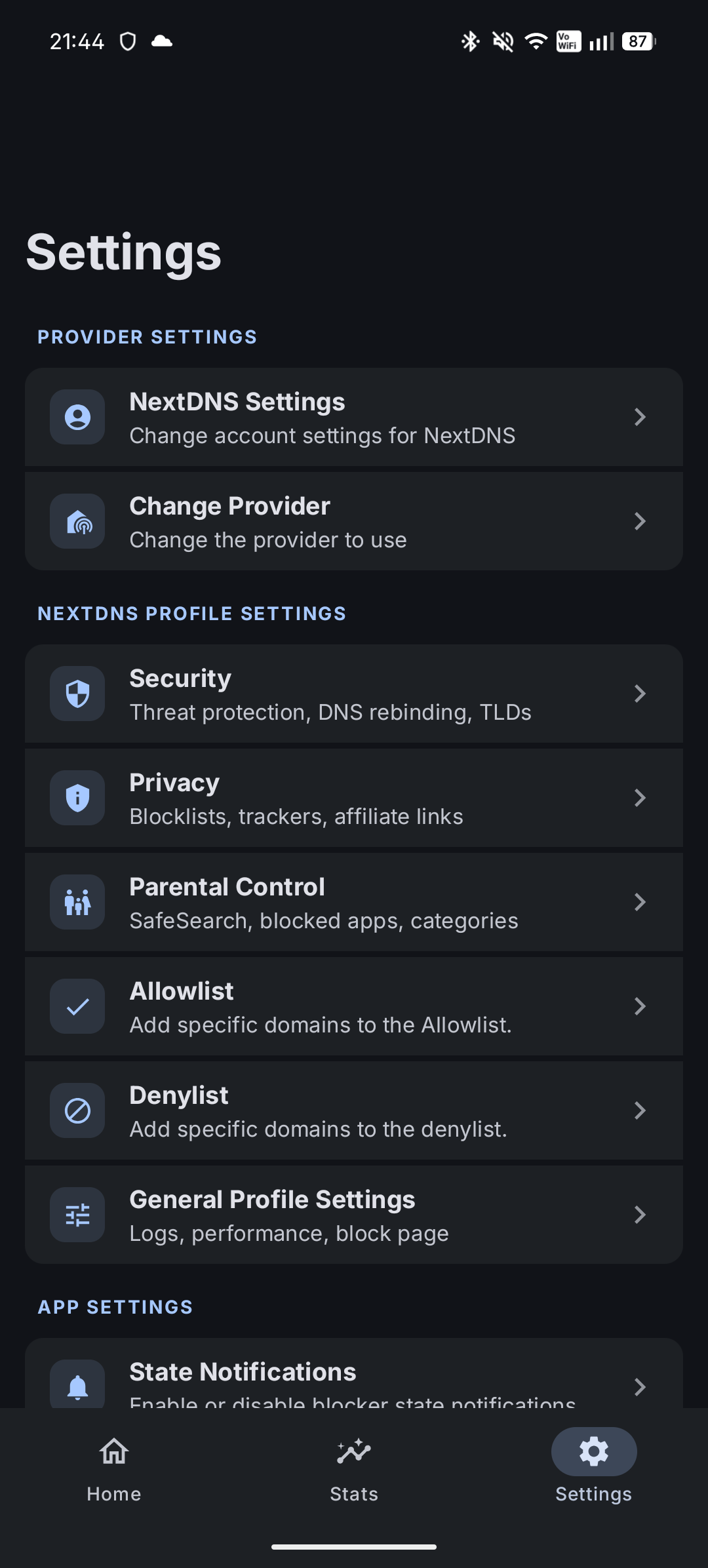 ADNS settings screen