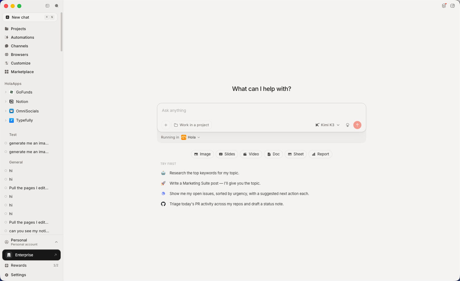 holaOS desktop workspace