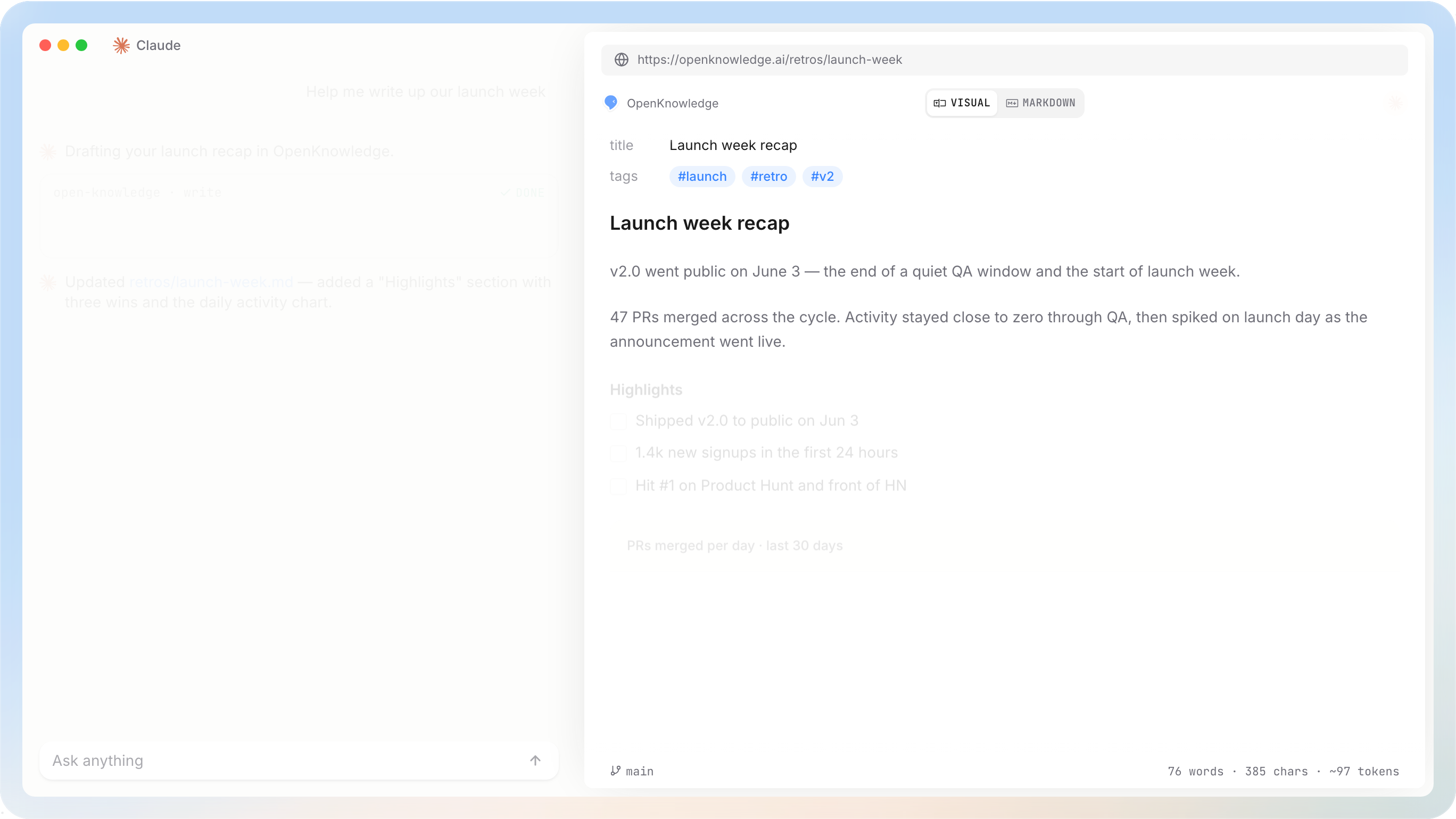 OpenKnowledge-Editor mit einem KI-Agenten, der einen Launch-Rückblick verfasst