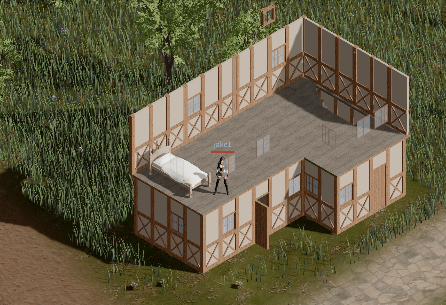 Wooden frame house with a bed inside