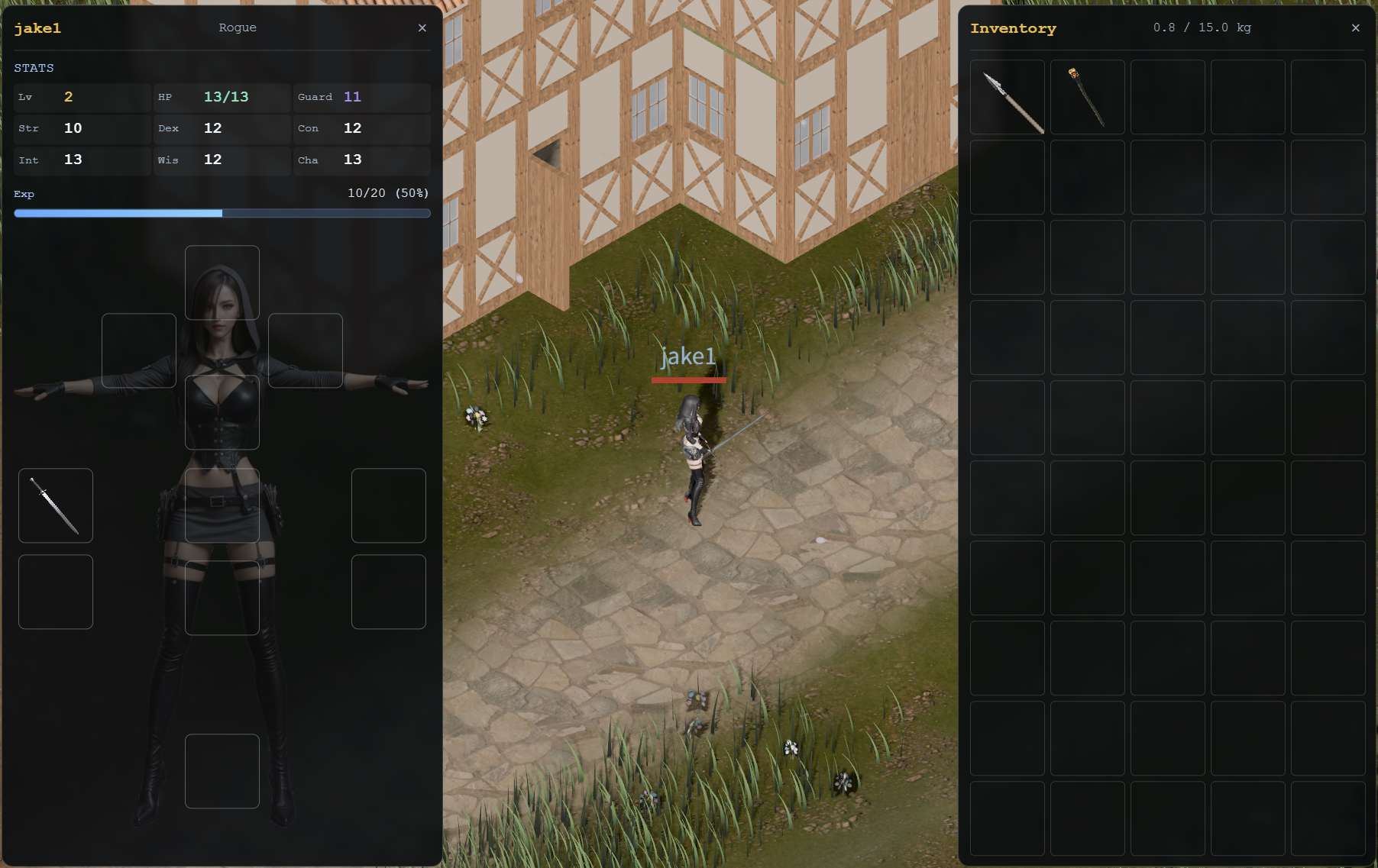Character sheet with attributes and inventory