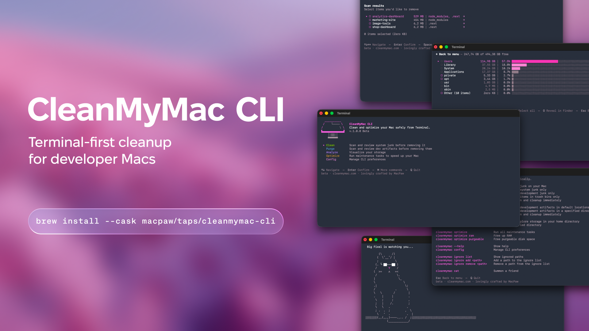 CleanMyMac CLI showing cleanup, disk analysis, and optimization workflows
