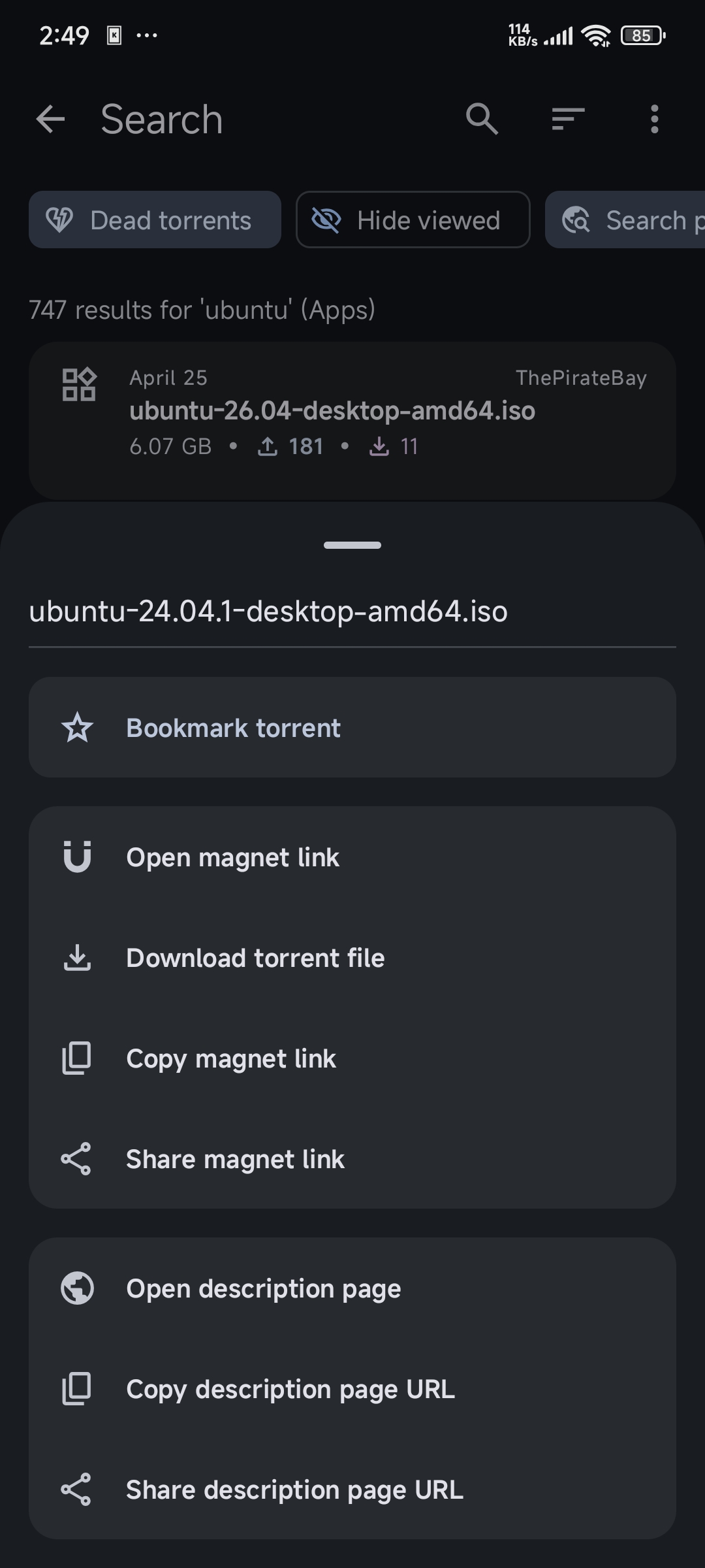 Torrent actions