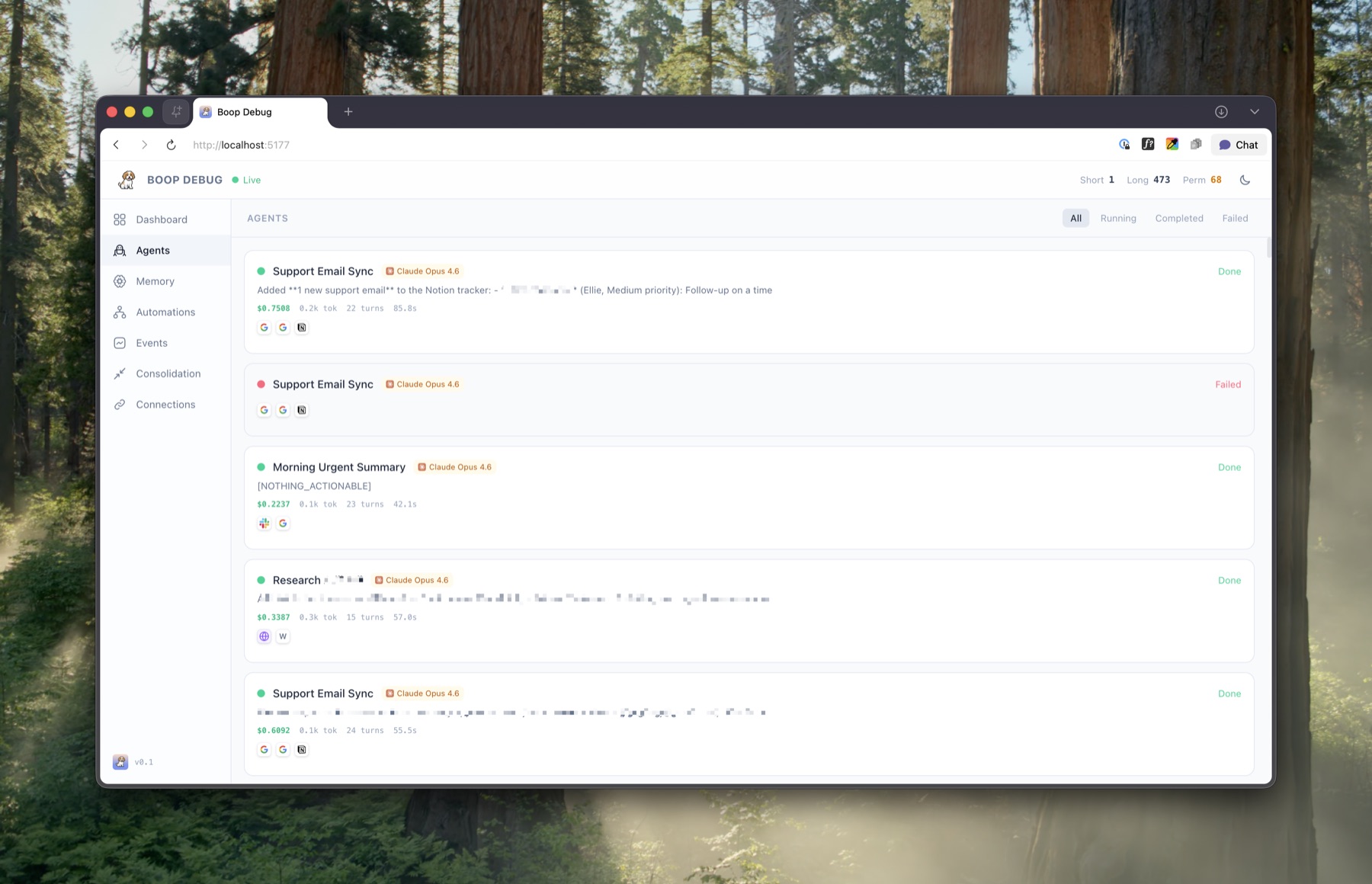 Agents view in the Boop debug dashboard