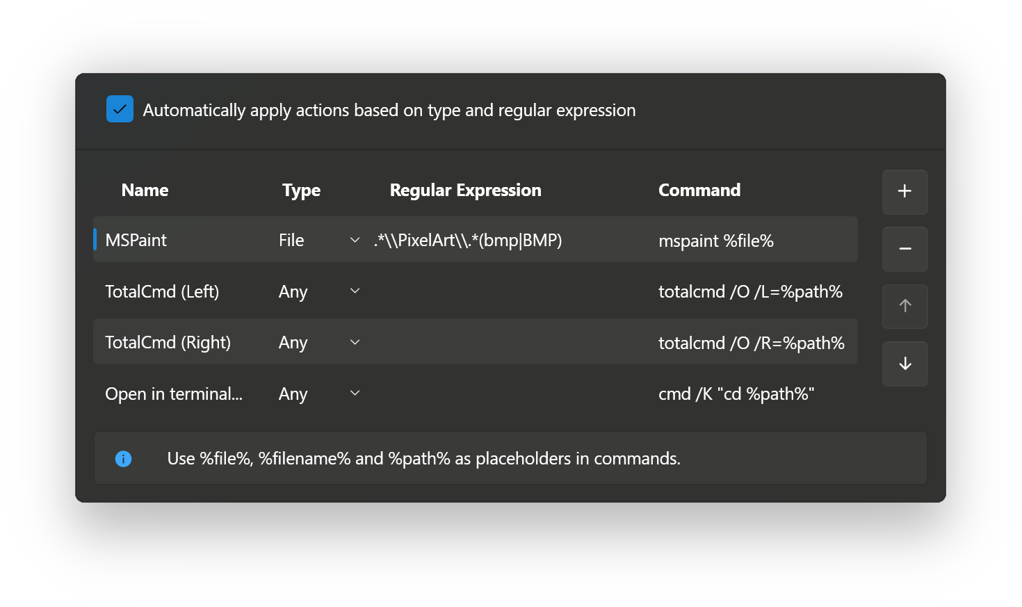 Custom action settings