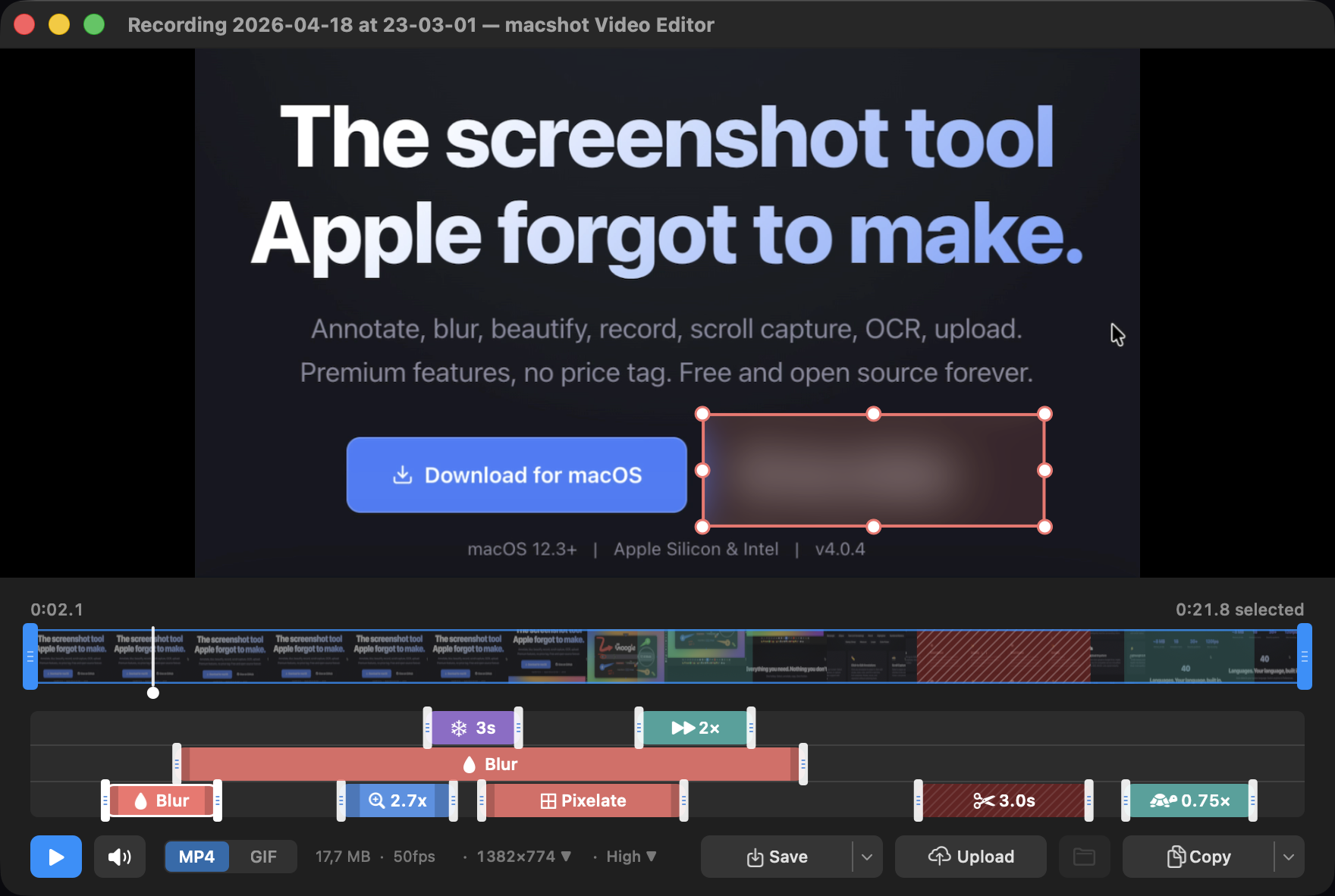 macshot video editor — timeline with cut, speed, freeze, zoom and censor effects