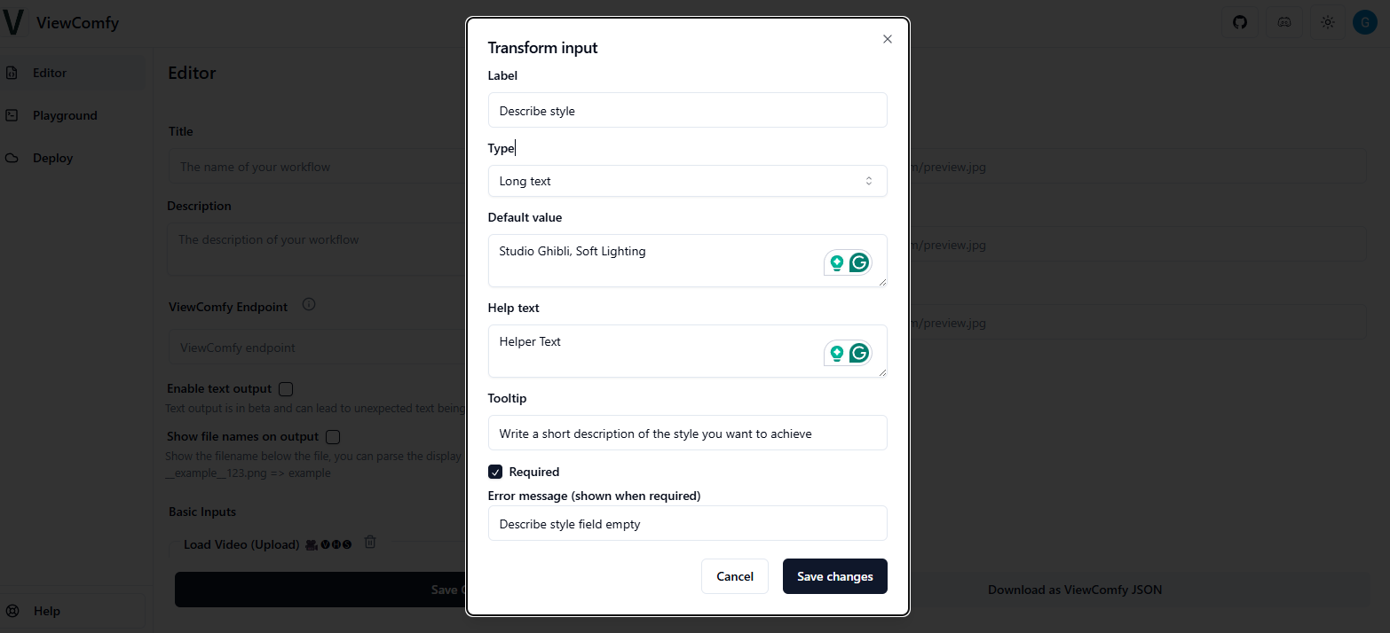 ViewComfy input editor